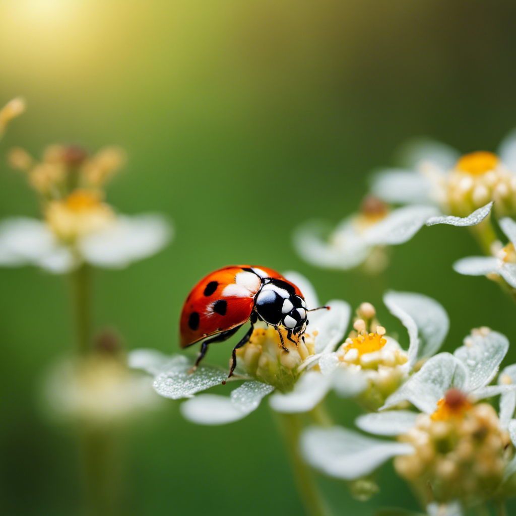 An image showcasing a lush garden teeming with ladybugs delicately perched on leaves, lacewings ready to swoop in, and hoverflies buzzing above flowers, highlighting the power of natural predators in keeping pests at bay