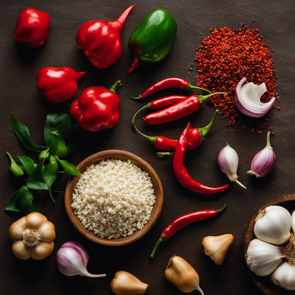 An image showcasing an array of natural ingredients like garlic cloves, chili peppers, and soap, arranged neatly beside a blender