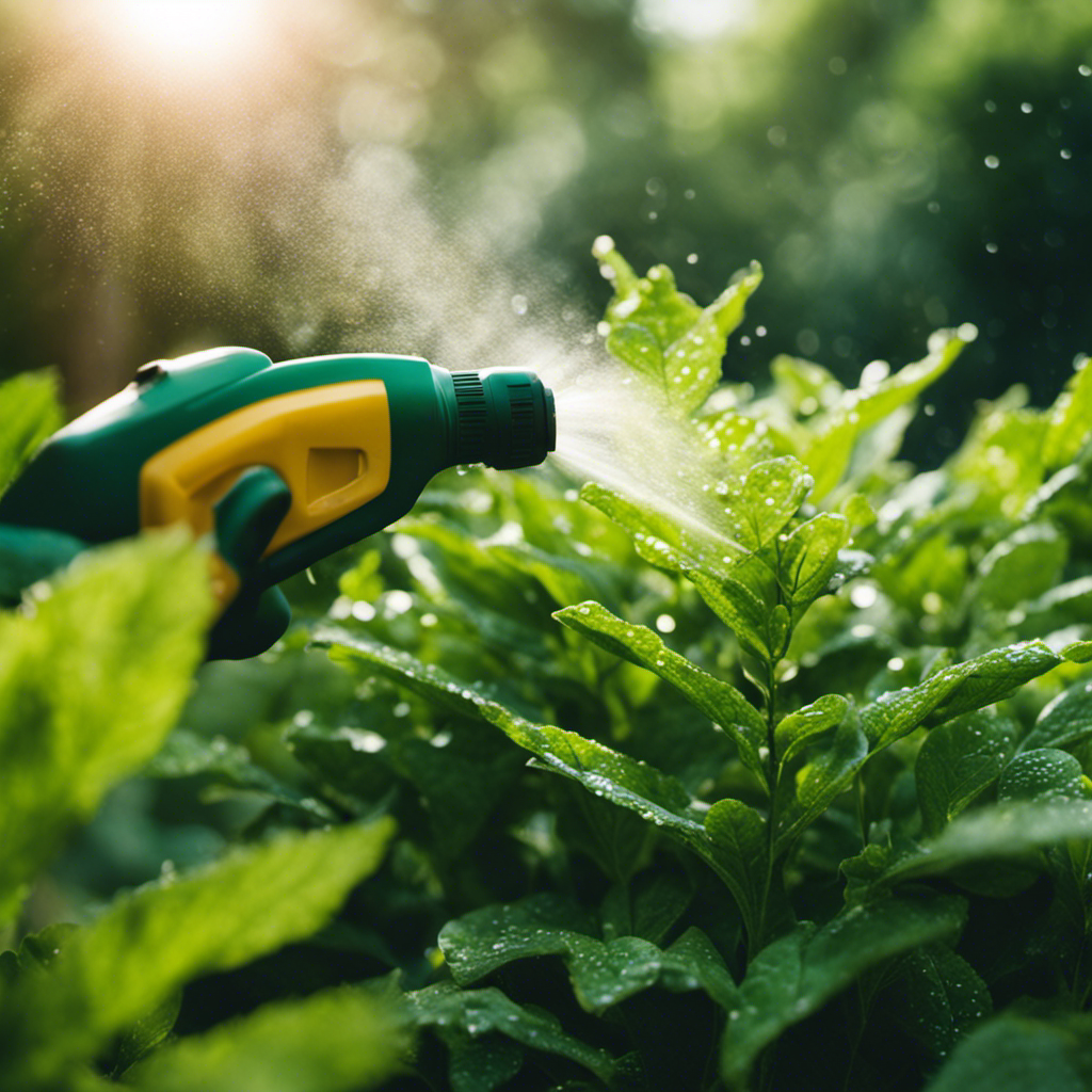 An image showcasing a gardener gently spraying a homemade pest spray onto vibrant green leaves