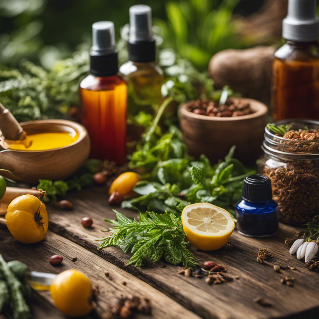 An image showcasing a close-up of a rustic wooden table adorned with a variety of common household ingredients used in homemade pest sprays for gardens