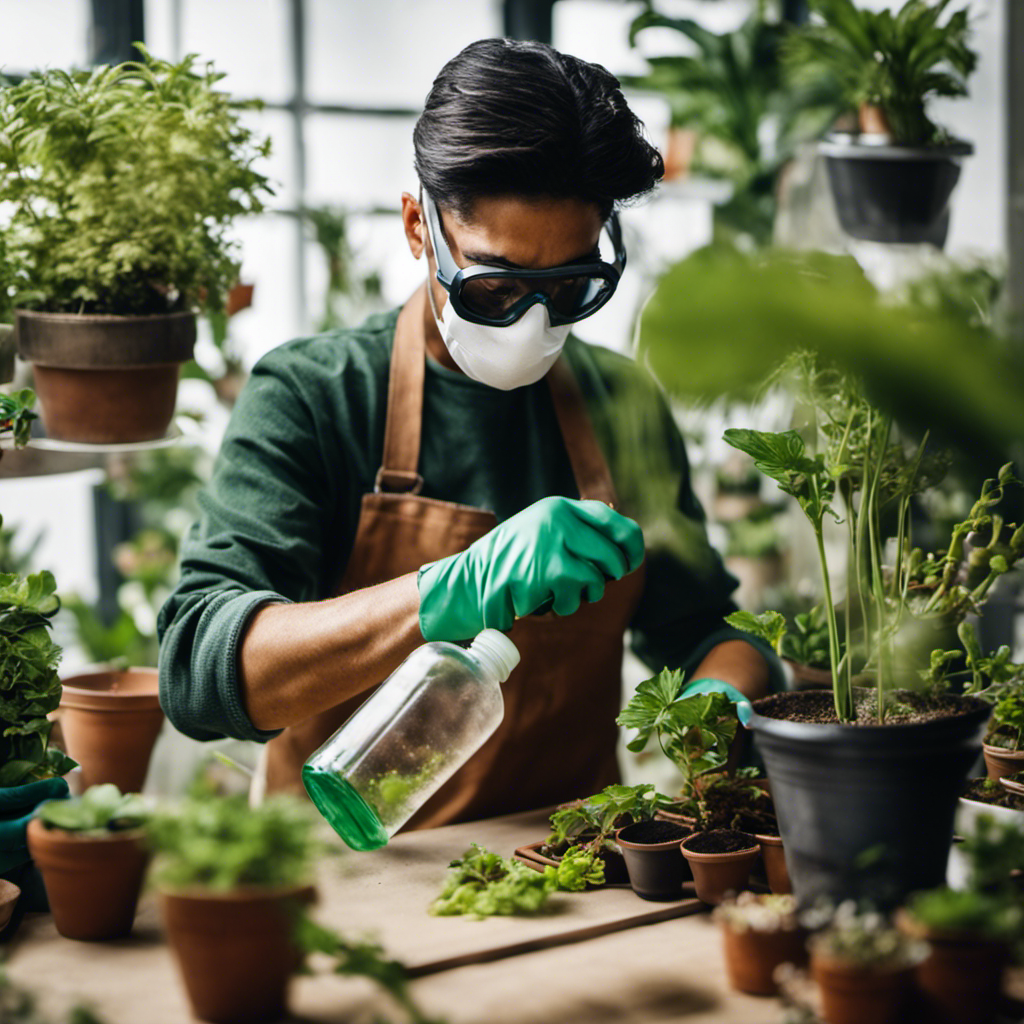 An image depicting a gardener wearing protective gloves and goggles, carefully mixing natural ingredients in a spray bottle, while surrounded by potted plants