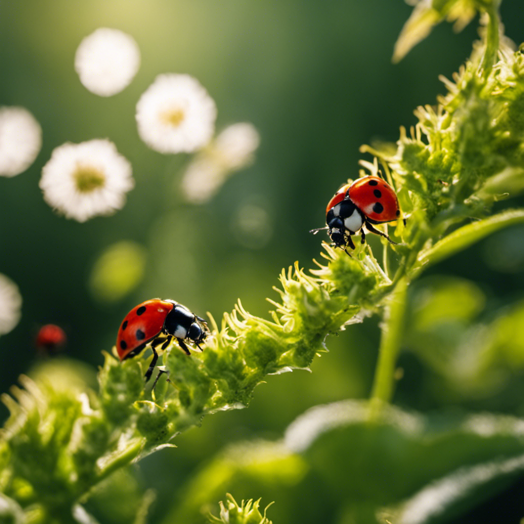 An image showcasing a lush, vibrant garden with thriving plants, guarded by ladybugs and bees