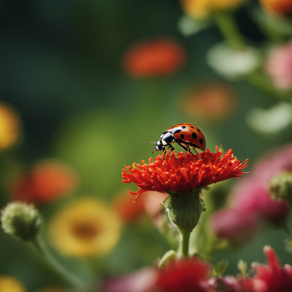 An image of a lush garden, teeming with life as ladybugs delicately perch on vibrant flowers, while hoverflies hover nearby, showcasing the harmonious relationship between beneficial insects and thriving plants in organic pest management