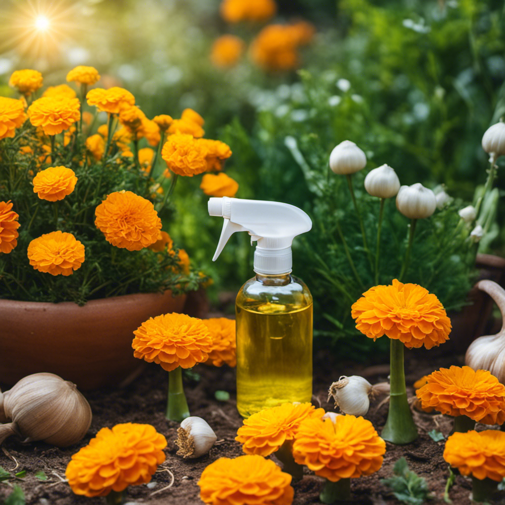 An image showcasing a lush garden brimming with vibrant flowers and vegetables, surrounded by strategically placed marigold plants, garlic bulbs, and neem oil spray bottles, emphasizing the use of natural repellents for pest control