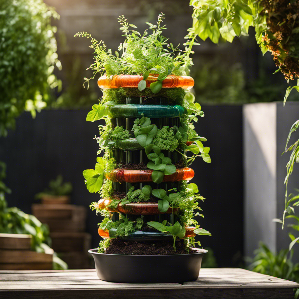 An image showcasing a unique composting method: a vertical garden tower made from repurposed plastic bottles, filled with nutrient-rich compost, as plants thrive, cascading greenery spills from each bottle, merging nature and innovation