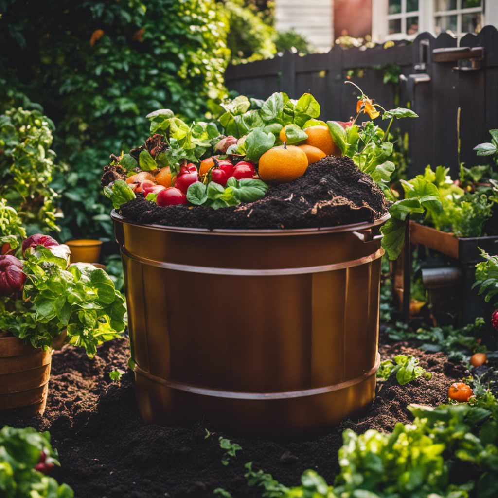 An image showcasing a vibrant backyard garden, with a compost bin nestled among lush plants