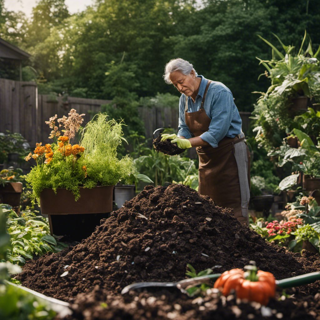 An image depicting a gardener observing a pile of compost with a puzzled expression, surrounded by wilted plants