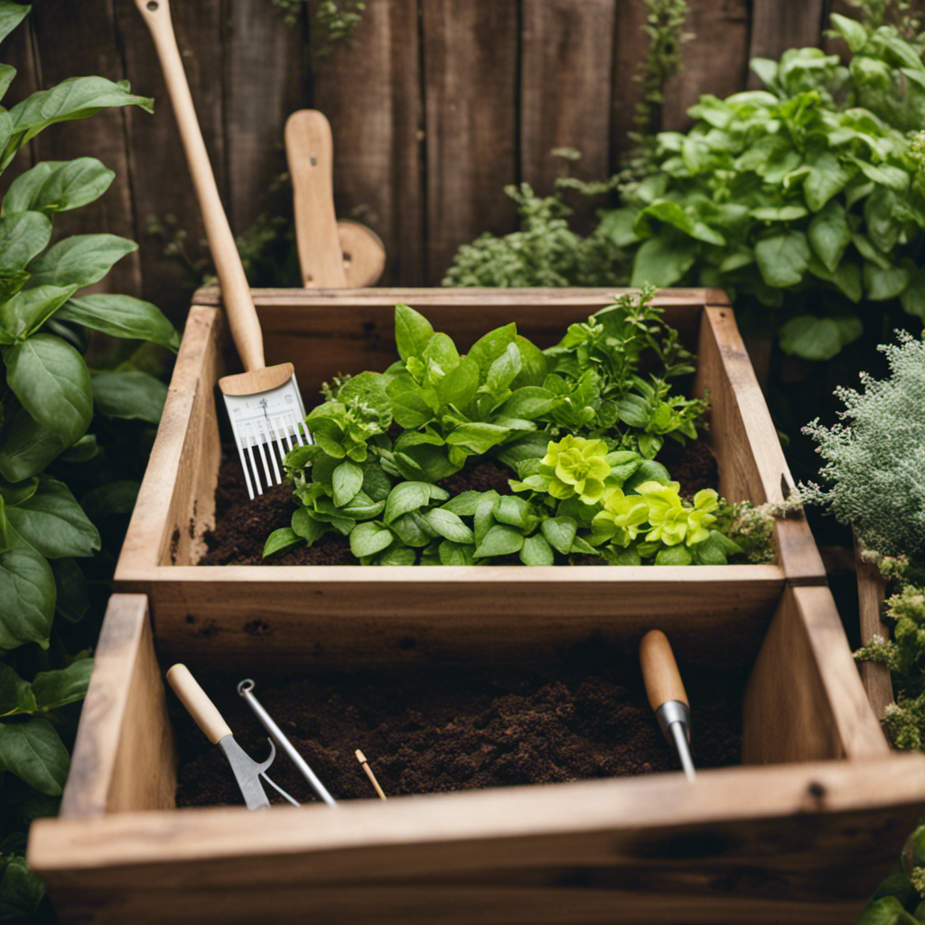 An image of a rustic wooden compost bin surrounded by thriving plants, with a gardener's hands holding DIY tools like a compost thermometer, aerator, and compost turner, showcasing the innovative techniques of green gardening