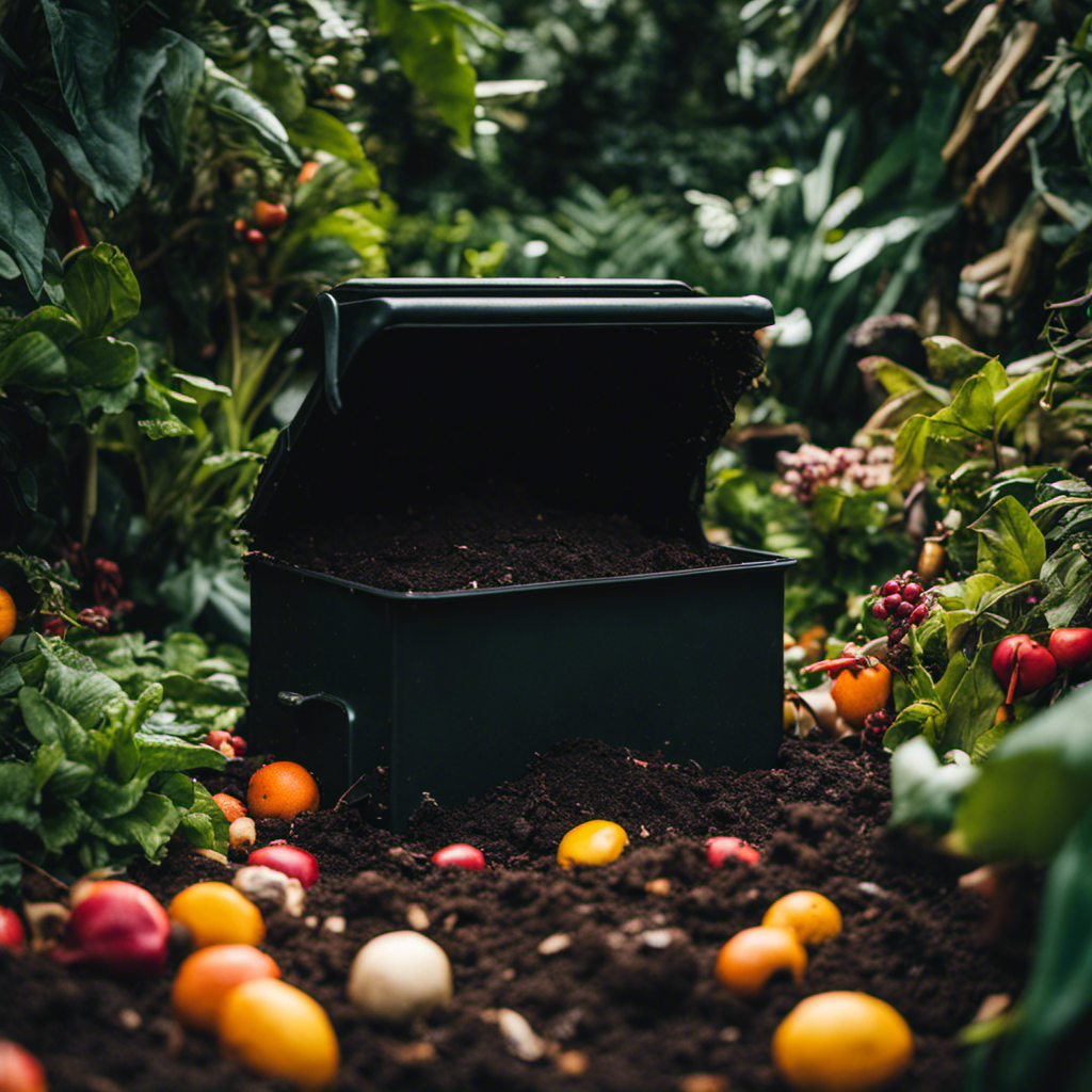 An image showcasing a vibrant, lush garden with a compost bin at the center, surrounded by a variety of organic waste materials like fruit peels, coffee grounds, and eggshells, rapidly decomposing into rich, dark compost