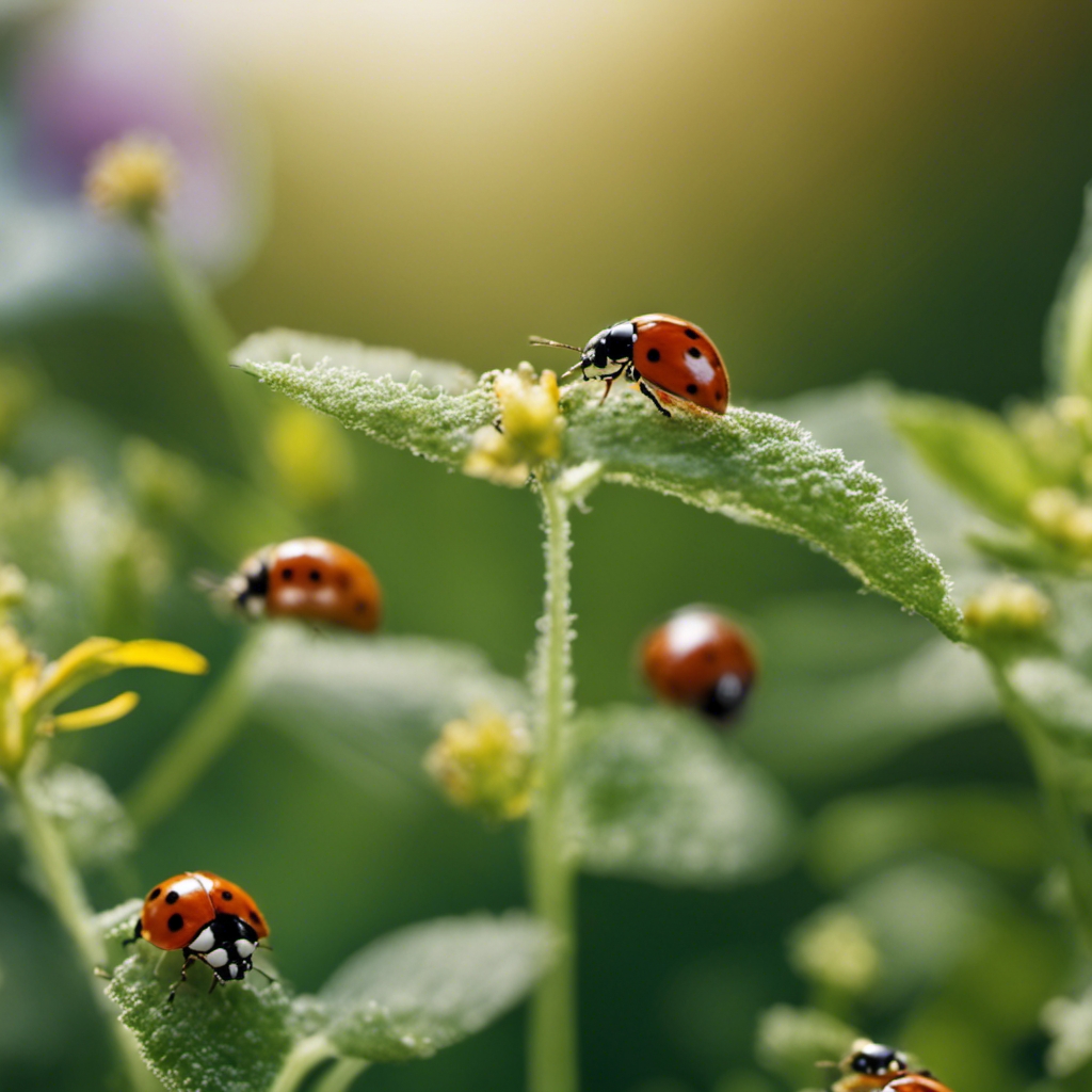 An image of a thriving herb garden teeming with life, showcasing ladybugs delicately perched on leaves, lacewings hovering nearby, and bees pollinating