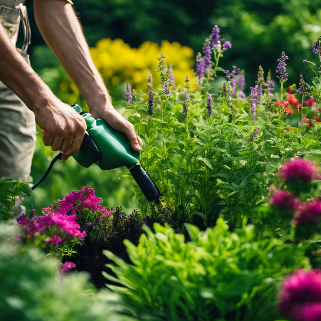 An image showcasing a lush herb garden in full bloom, with a gardener gently spraying organic pest control solution onto the plants