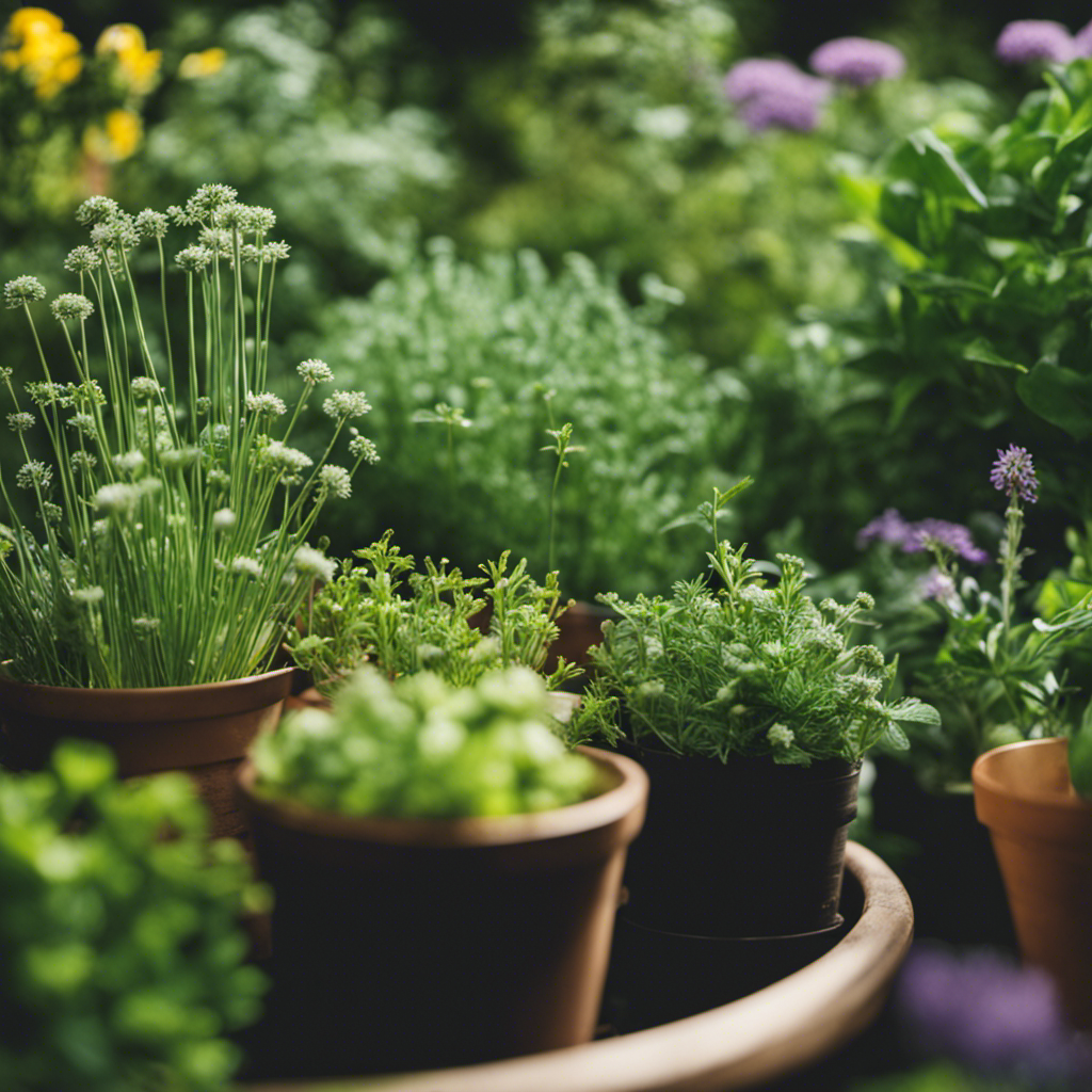 An image showcasing a picturesque herb garden with various homemade pest repellents, such as garlic spray, companion planting, and sticky traps, all strategically placed to protect the lush green herbs from unwanted pests