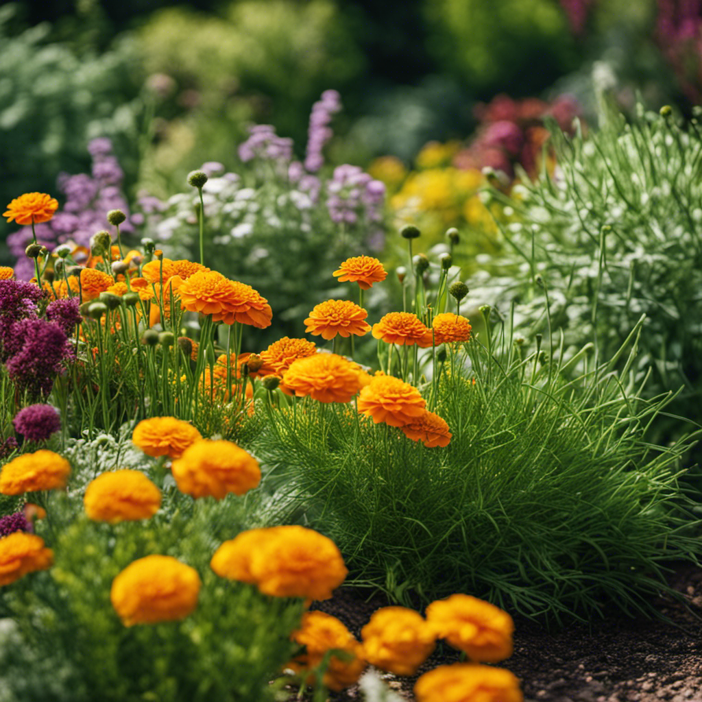 An image showcasing a vibrant herb garden with a variety of companion plants strategically arranged to repel pests