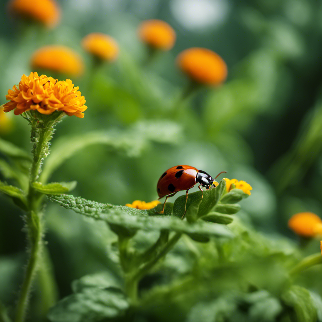 An image showcasing a close-up of ladybugs delicately perched on herb leaves, while a praying mantis with vibrant green coloration camouflages nearby