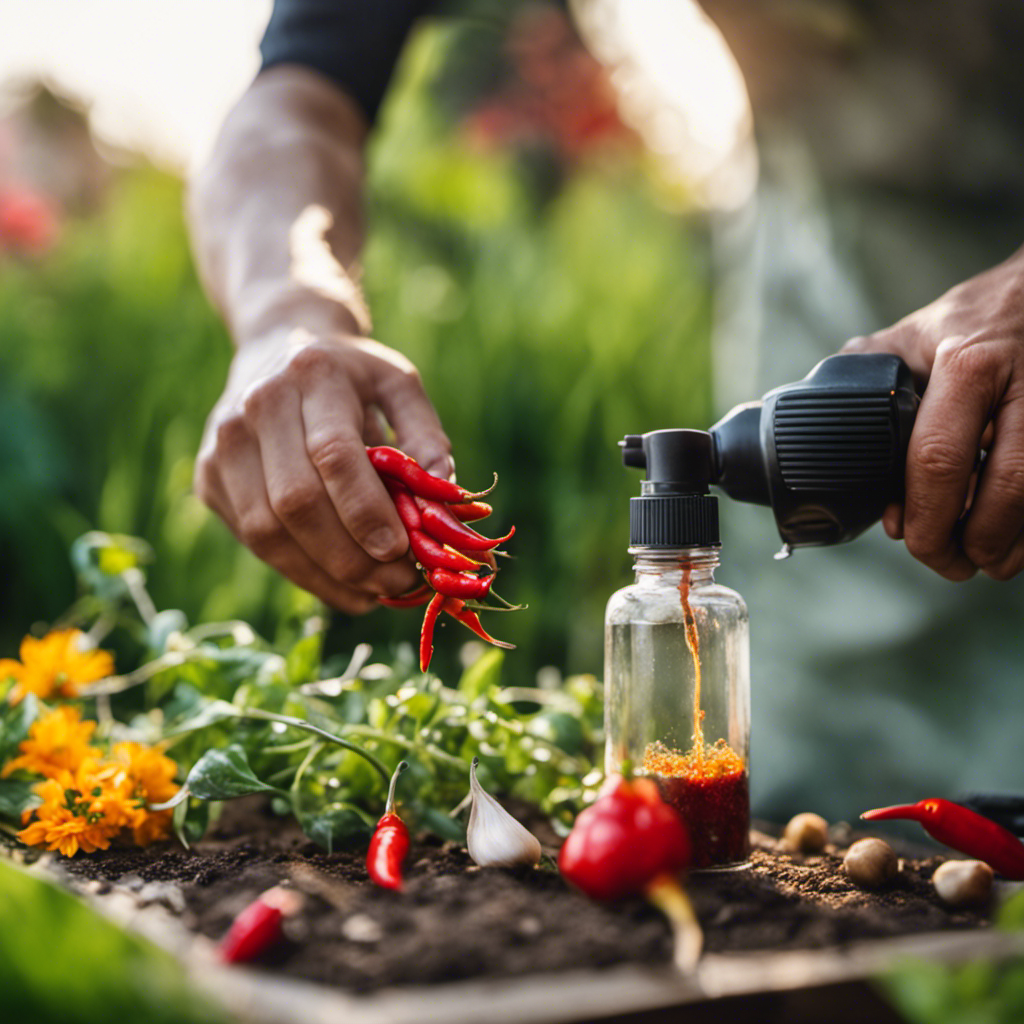 An image depicting a gardener in action, expertly blending ingredients like garlic, chili peppers, and soap, to concoct a homemade organic pest spray