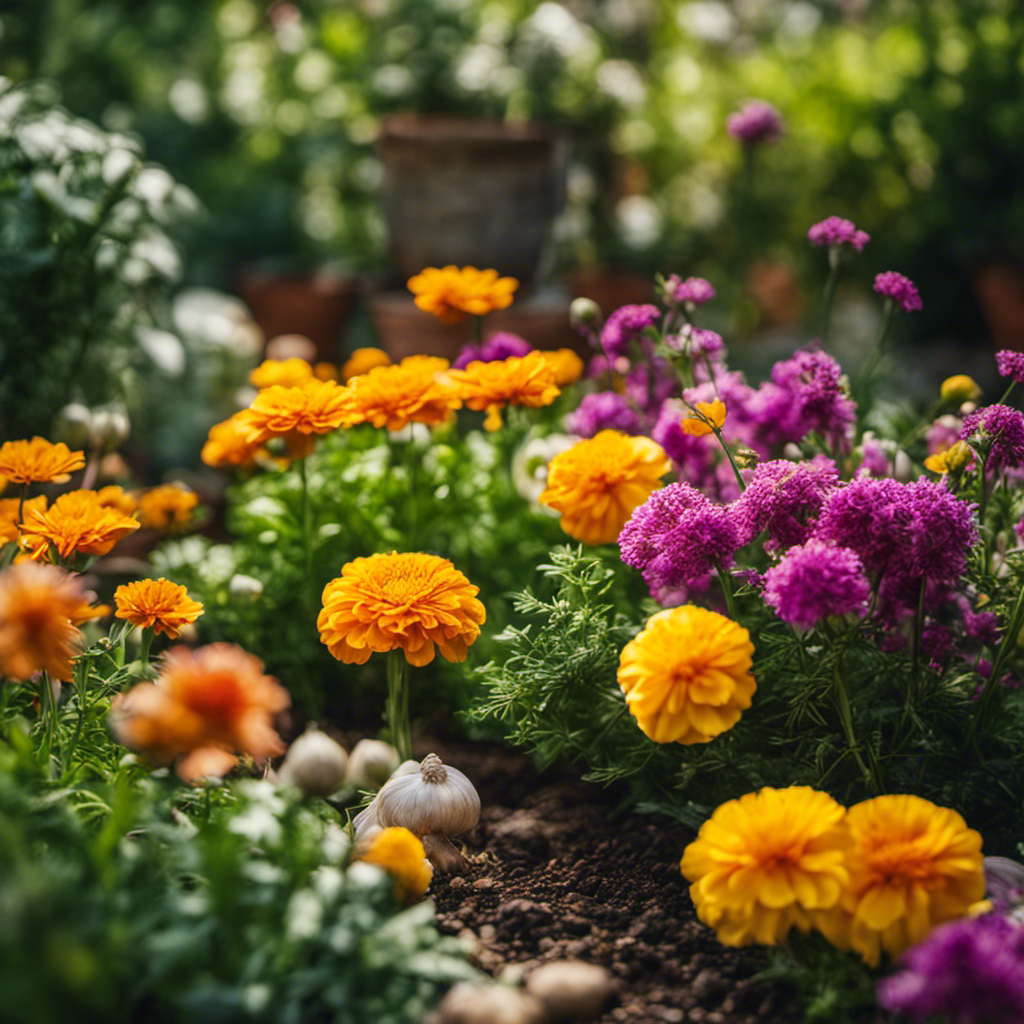 An image depicting a lush garden scene with vibrant flowers and vegetables, surrounded by natural repellents