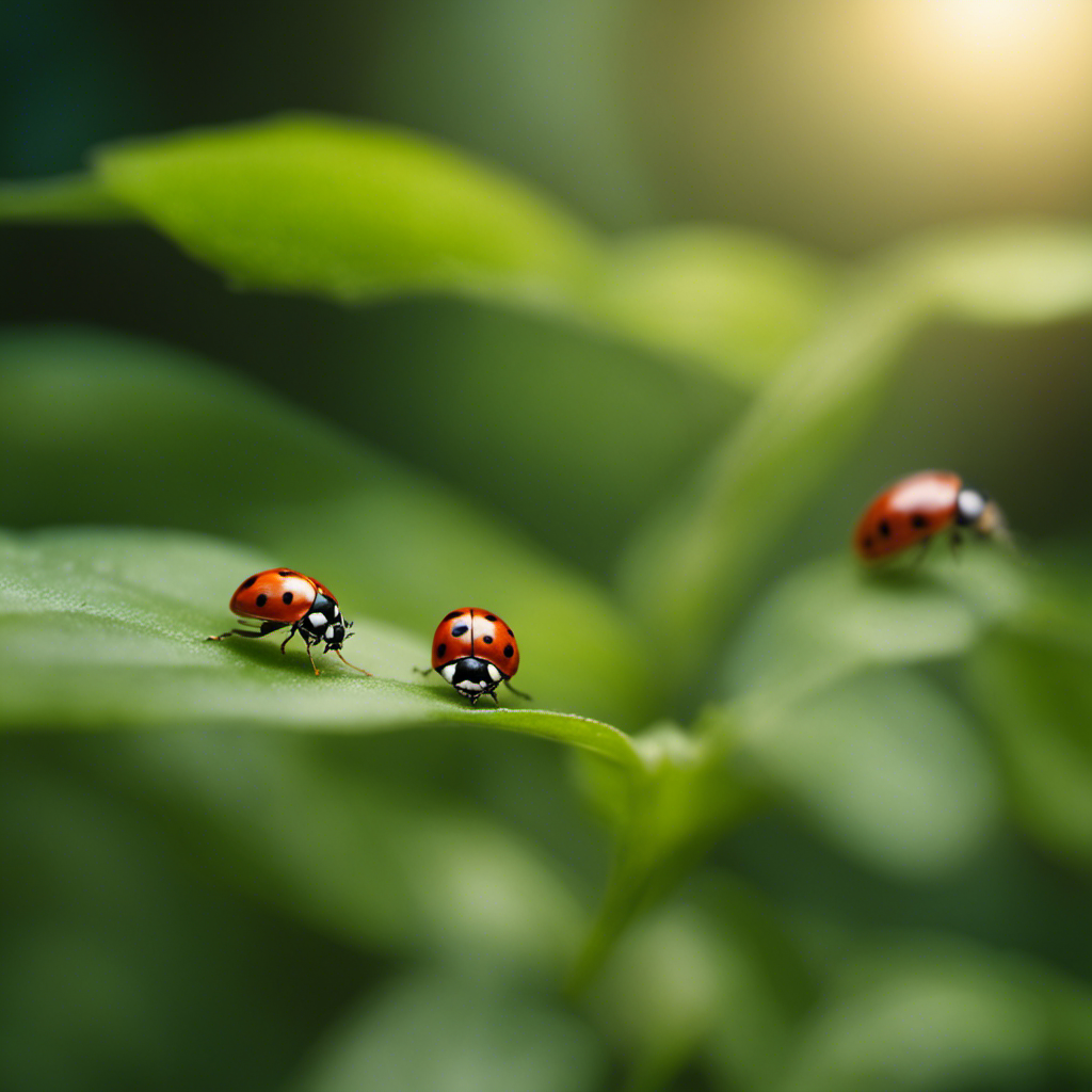 An image showcasing a lush garden scene teeming with ladybugs gracefully perched on leaves, lacewings delicately hovering in mid-air, and hoverflies buzzing around, exemplifying the power of beneficial insects in naturally controlling garden pests