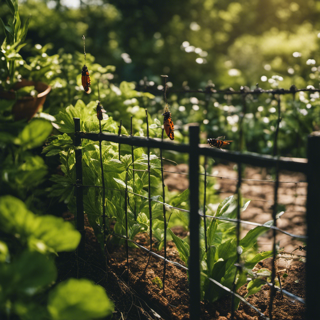 An image showcasing a lush garden surrounded by a sturdy fence made of organic materials, with strategically placed insect traps hanging from the branches of plants, offering a natural and effective way to protect your plants from pests