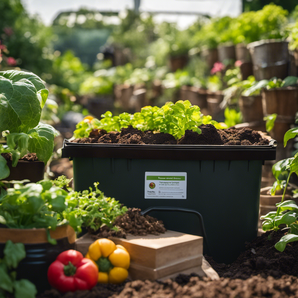 An image showcasing the step-by-step process of bokashi composting: an airtight container filled with fermented organic matter, followed by a layer of soil, and finally, a thriving vegetable garden blooming with vibrant plants