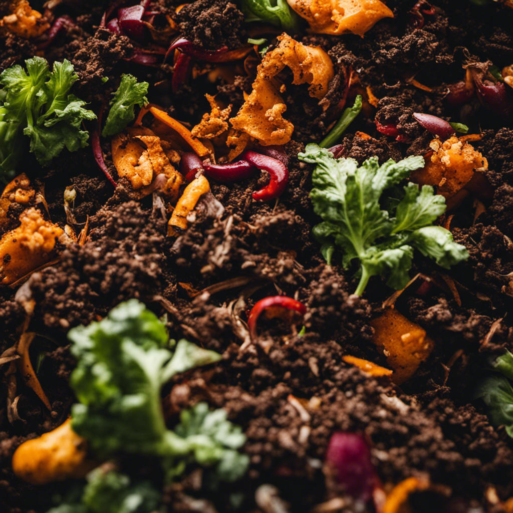 An image showcasing a vibrant, steaming compost pile teeming with nutrient-rich vegetable scraps