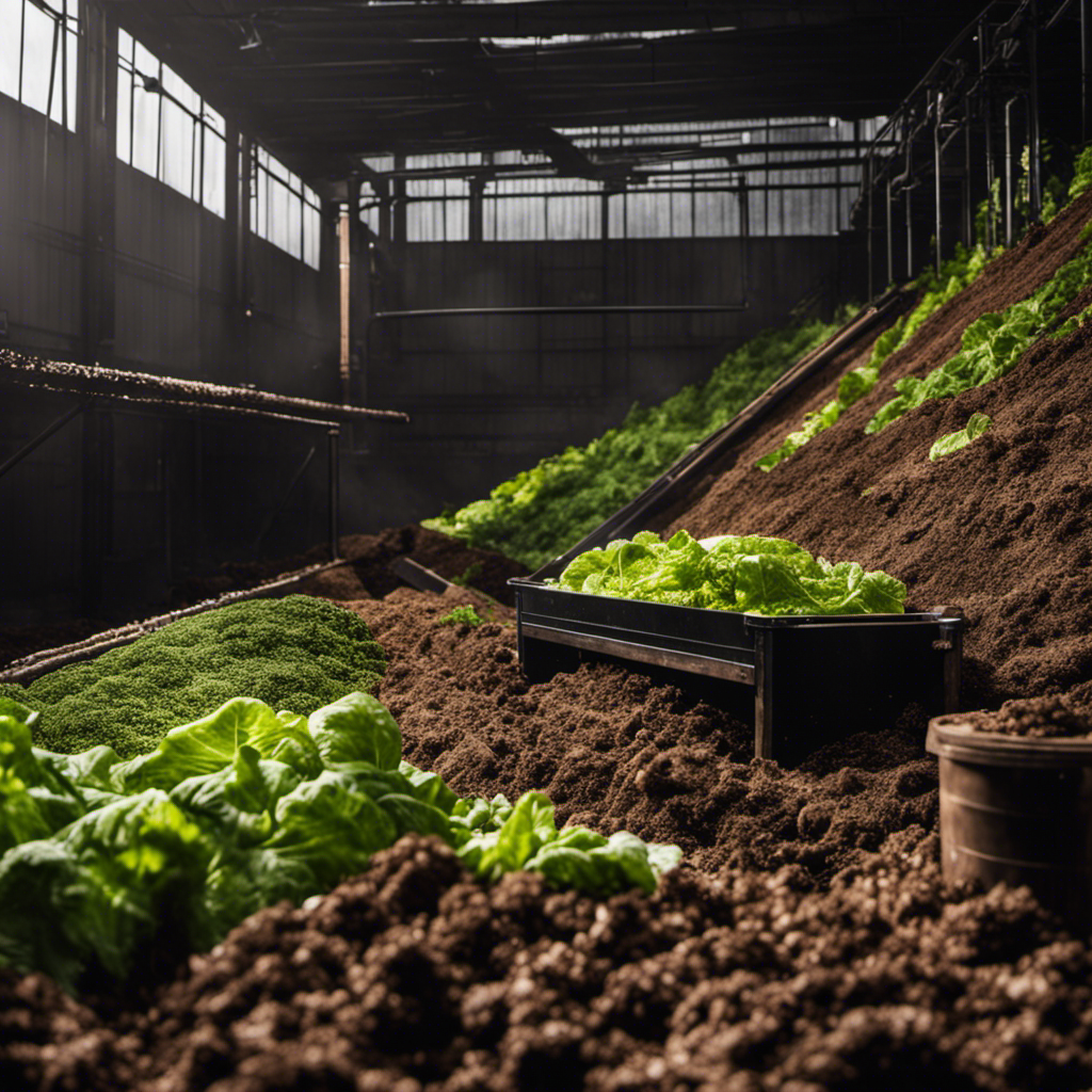 An image showcasing a large, well-ventilated composting system with piles of organic vegetable waste layered between perforated pipes