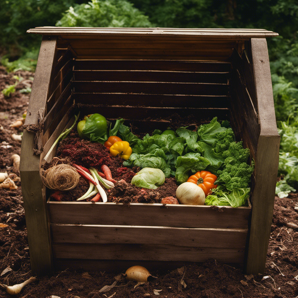 An image showcasing traditional composting methods, featuring a rustic wooden compost bin surrounded by vibrant vegetable scraps, leaves, and earthworms