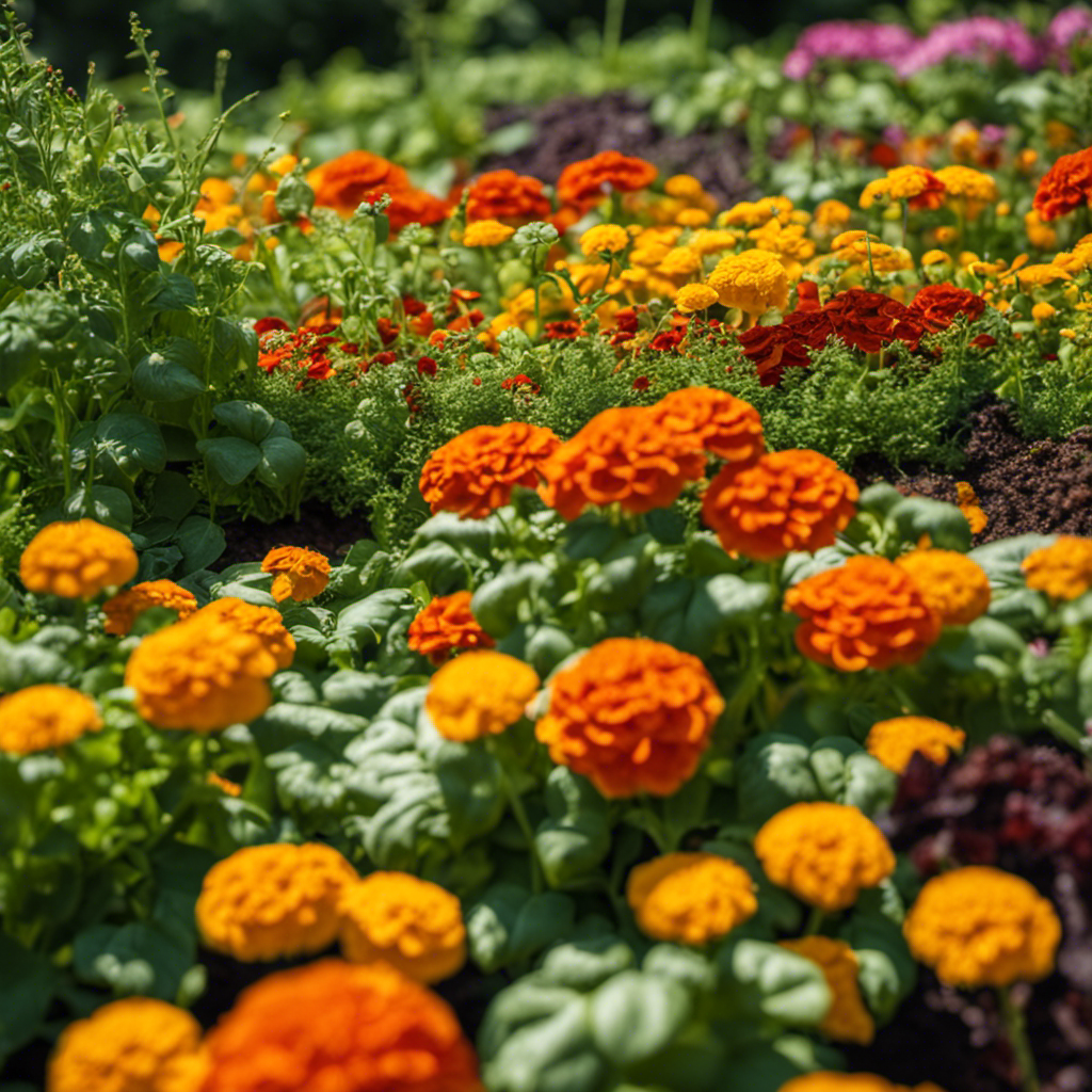 An image showcasing a lush vegetable bed filled with marigolds, nasturtiums, and basil interplanted among the vegetables