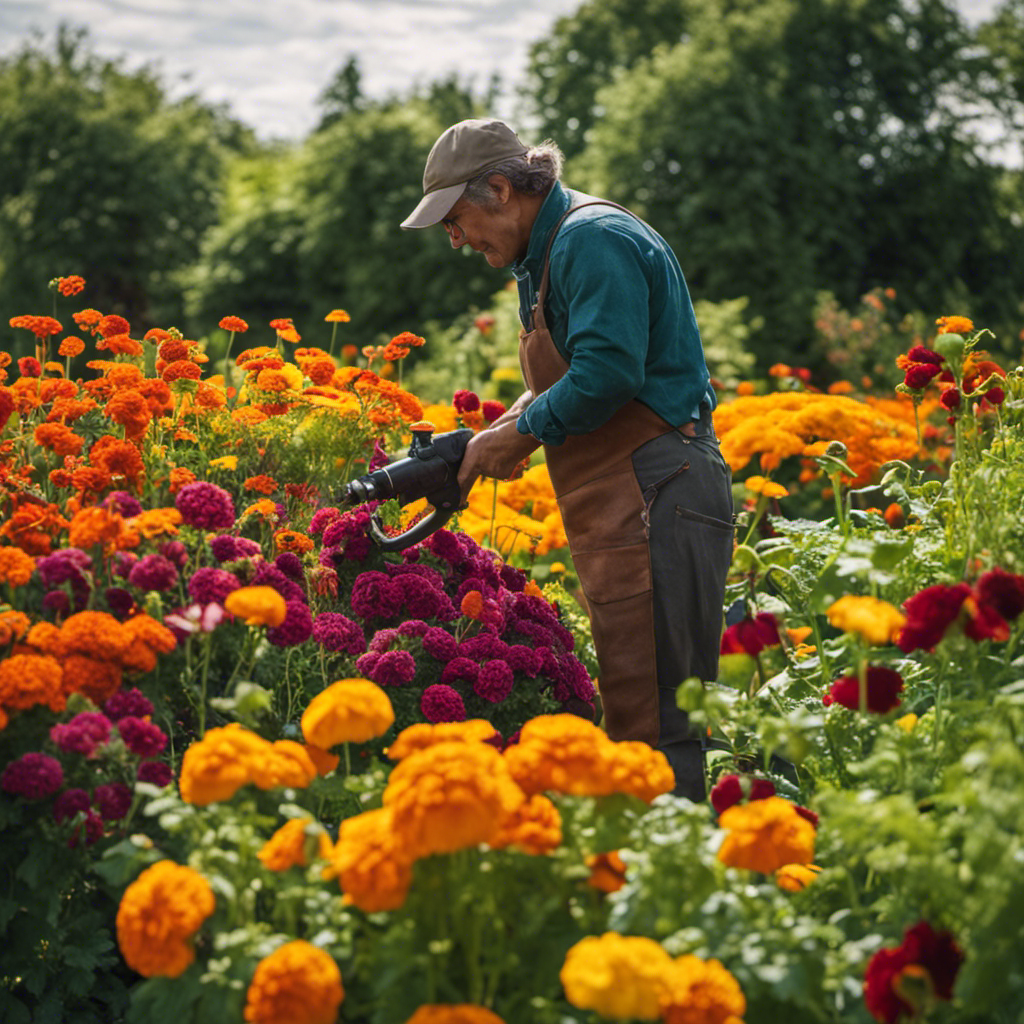 An image showcasing a lush vegetable bed surrounded by vibrant marigold and nasturtium flowers, with a gardener spraying a homemade organic solution onto thriving plants, effortlessly repelling pests and promoting a bountiful harvest