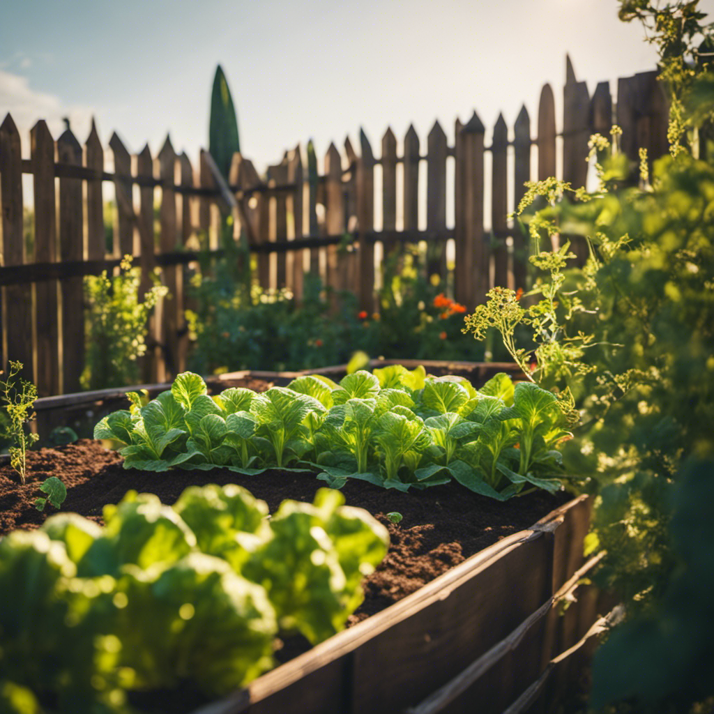 An image showcasing a vegetable bed enclosed with a sturdy wooden fence, topped with a fine mesh netting to deter pests