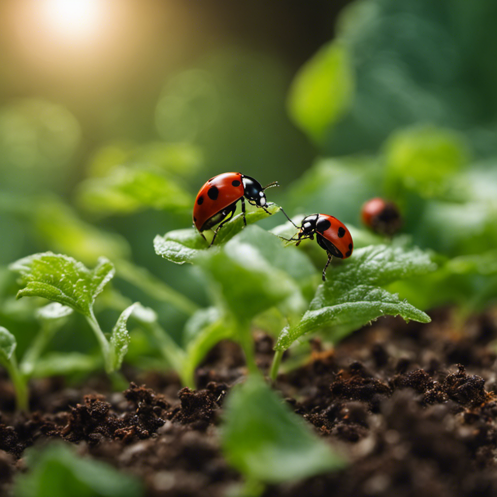 An image showcasing a lush vegetable garden with ladybugs delicately perched on leaves, lacewings fluttering above, and ground beetles diligently patrolling the soil