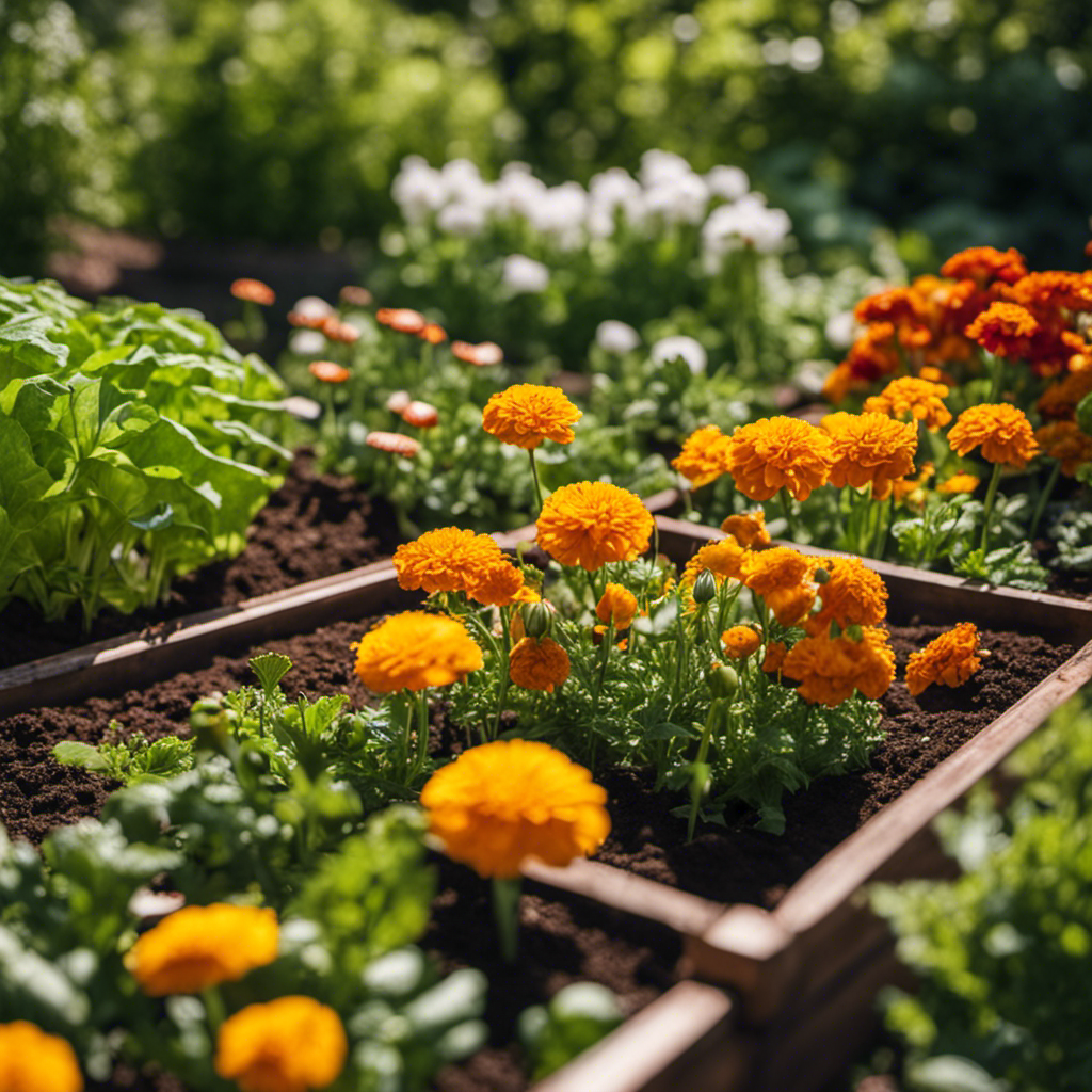 An image that showcases a vegetable bed surrounded by a diverse range of homemade pest repellents, like garlic spray, marigold borders, and coffee grounds, ensuring a lush and thriving garden