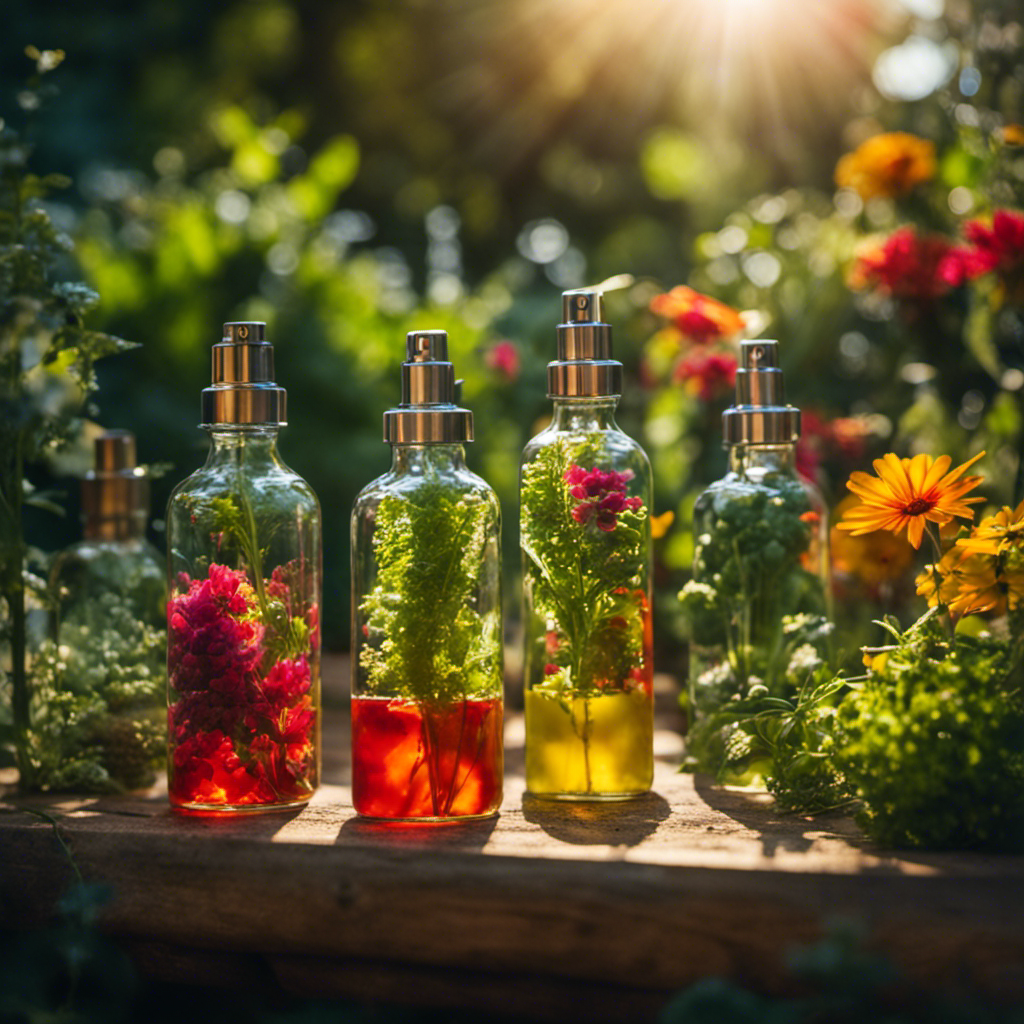 An image showcasing a sunlit garden scene with various edible plants surrounded by homemade spray bottles