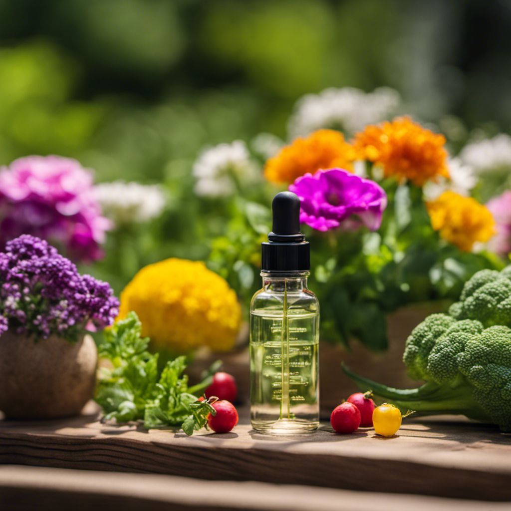 An image showcasing a lush edible garden, with a backdrop of colorful flowers and thriving vegetables