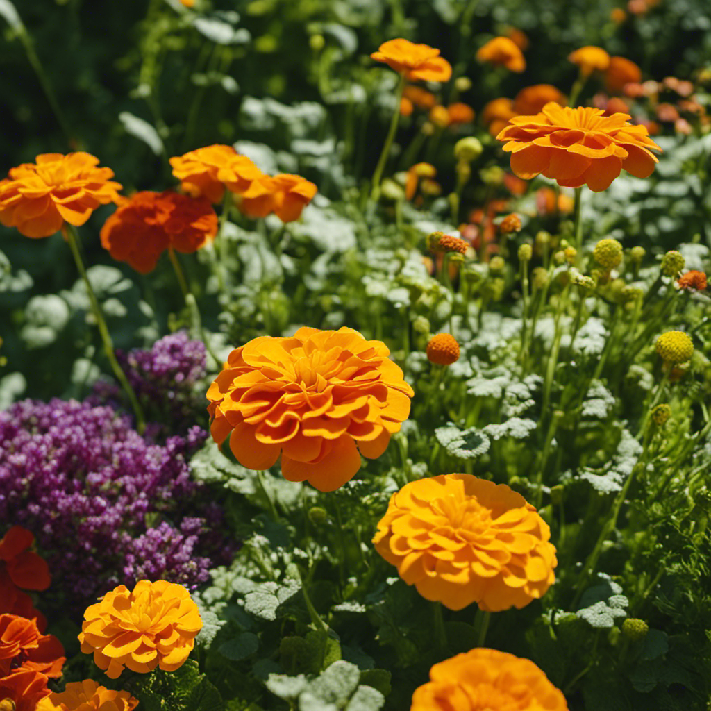 An image featuring a vibrant edible garden bursting with an array of companion plants, such as marigolds, nasturtiums, and chives, strategically interplanted to naturally repel pests