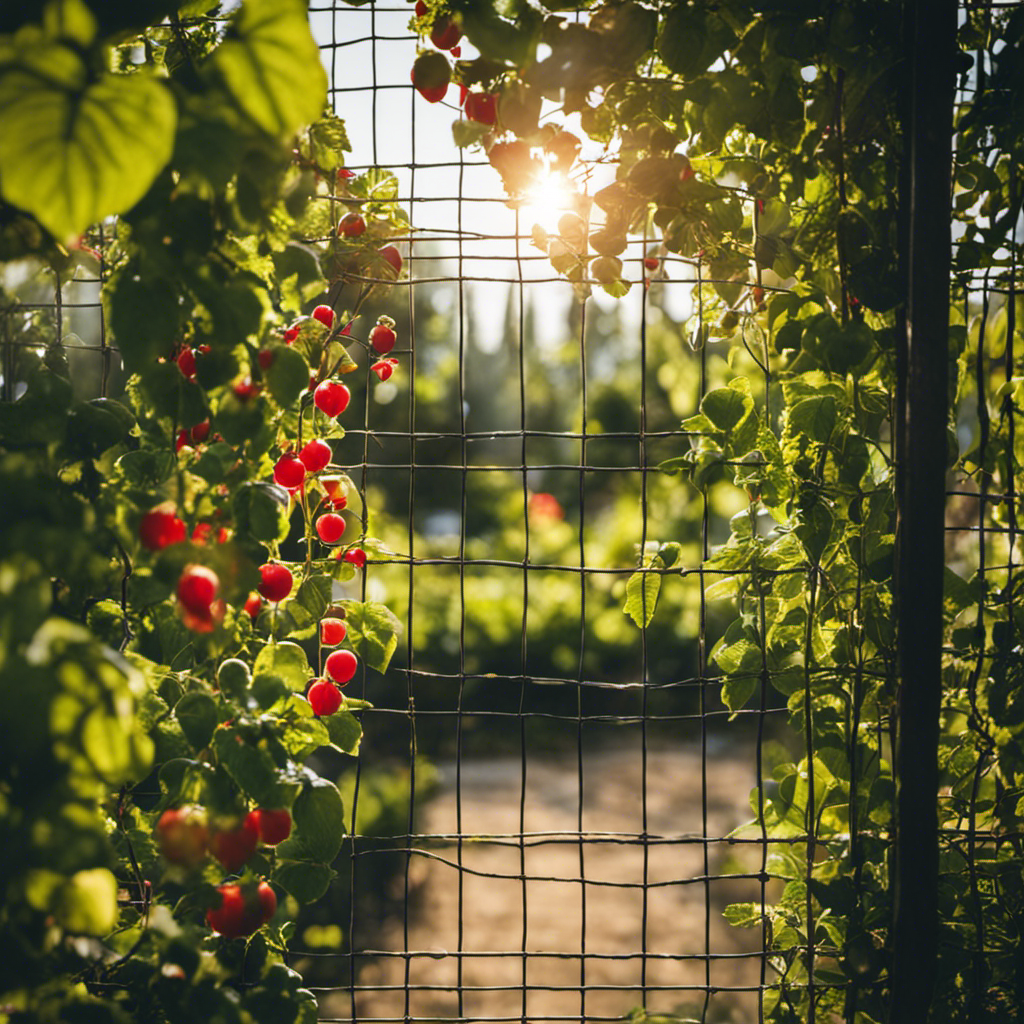 An image showcasing a flourishing edible garden surrounded by a sturdy wire mesh fence, safeguarding the plants from intruders