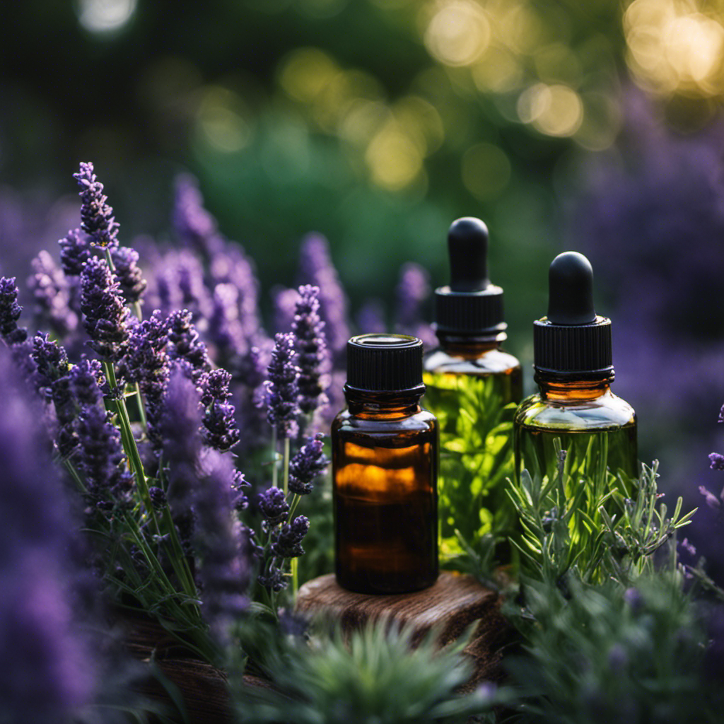 An image showcasing a lush, thriving edible garden surrounded by carefully arranged bottles of lavender, peppermint, and citronella essential oils