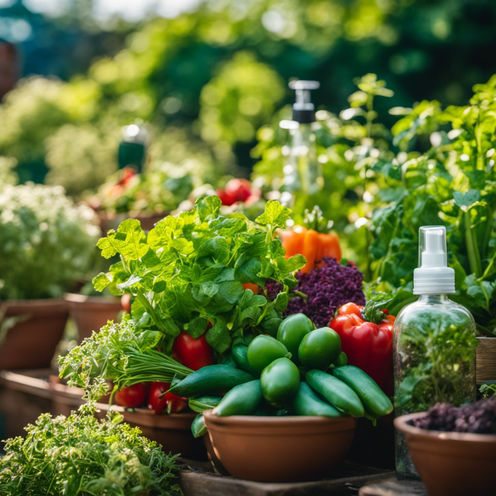 An image showcasing a lush edible garden with vibrant vegetables and herbs, surrounded by homemade spray bottles filled with natural pest repellents