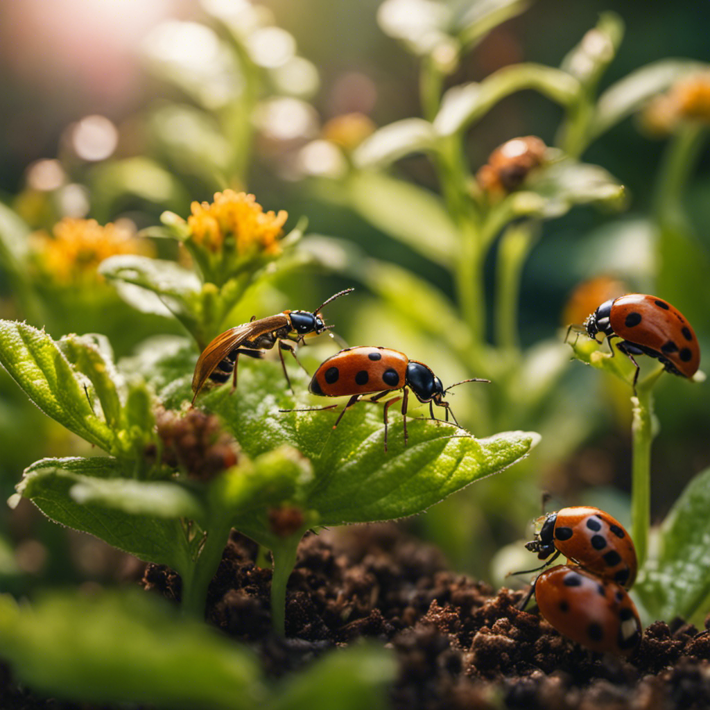 An image depicting a lush, thriving edible garden surrounded by a diverse array of beneficial insects such as ladybugs, lacewings, and praying mantises, showcasing their role in safeguarding the plants from harmful pests