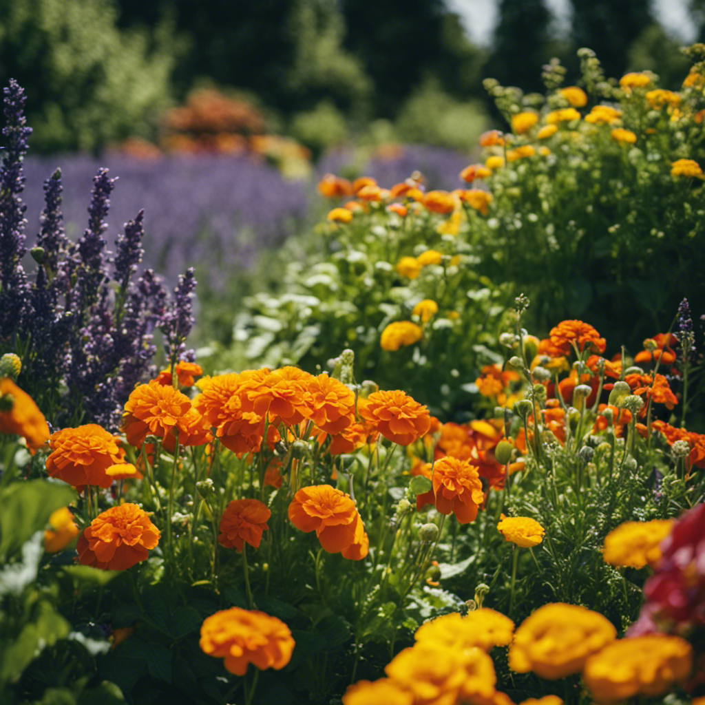 An image showcasing a lush edible garden with an array of companion plants, such as marigolds, nasturtiums, and lavender, strategically intermingled with crops, forming a natural barrier against pests