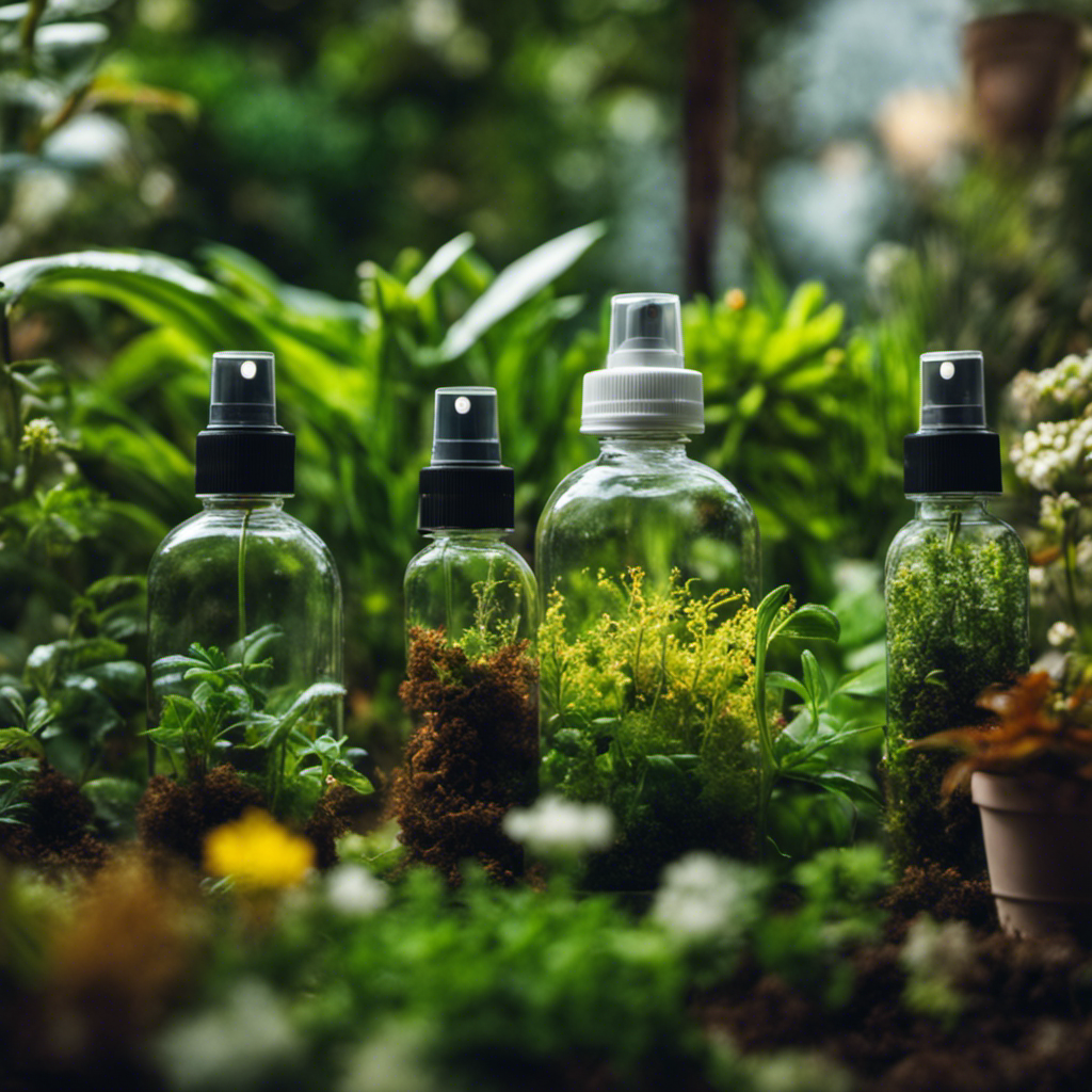 An image depicting a lush garden with thriving plants, surrounded by empty chemical spray bottles and a homemade spray bottle filled with natural ingredients