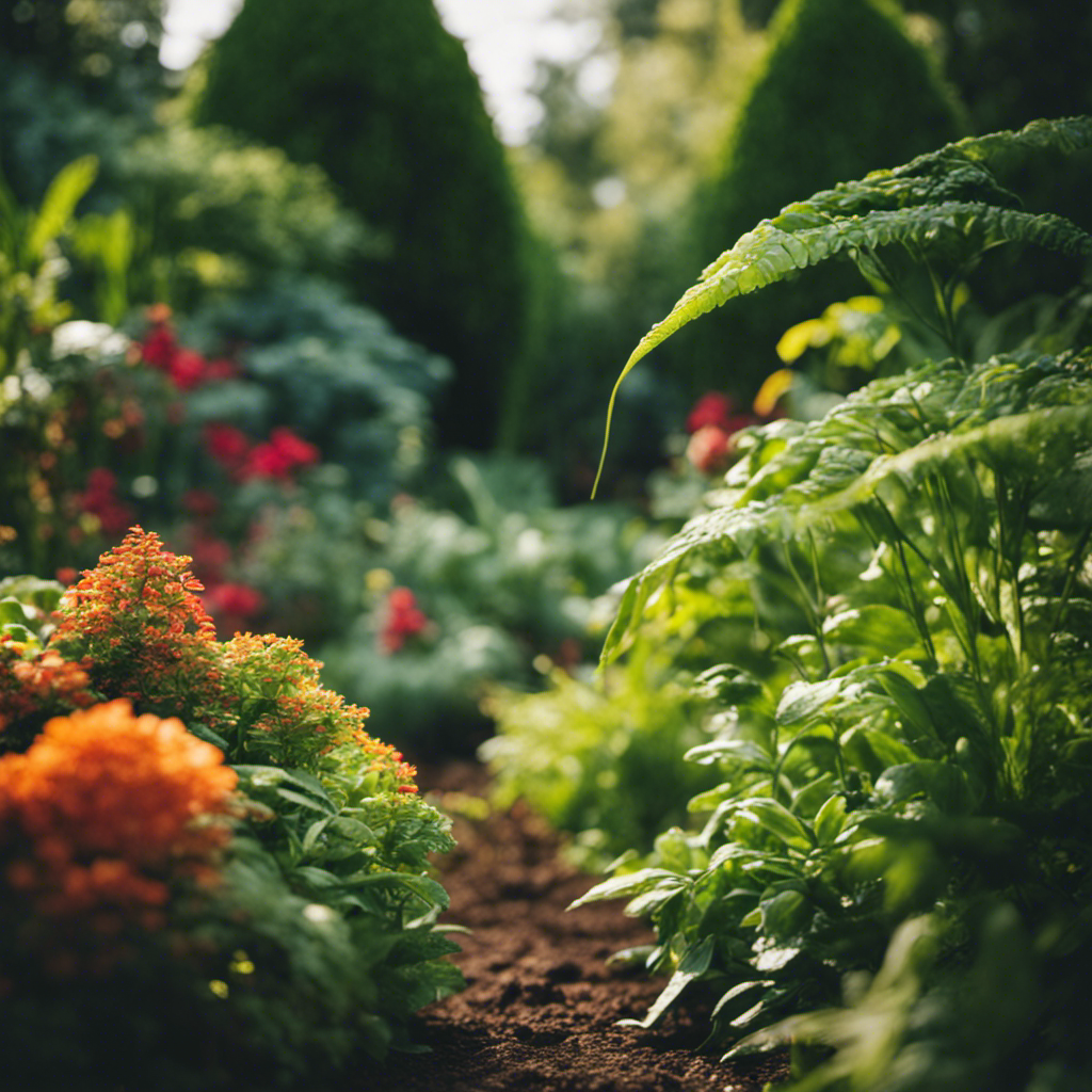 An image showcasing a lush, vibrant garden with healthy plants being gently sprayed with homemade, eco-friendly solutions