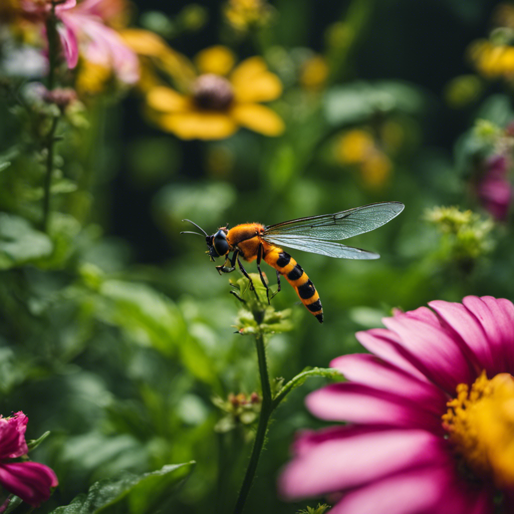 An image showcasing a lush, thriving garden with vibrant flowers and healthy crops, surrounded by harmless insects and repelled pests