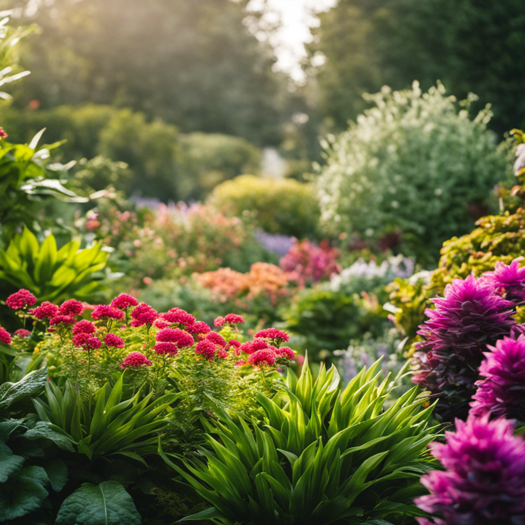 An image showcasing a lush, vibrant garden with thriving plants enveloped in a delicate mist of homemade natural spray