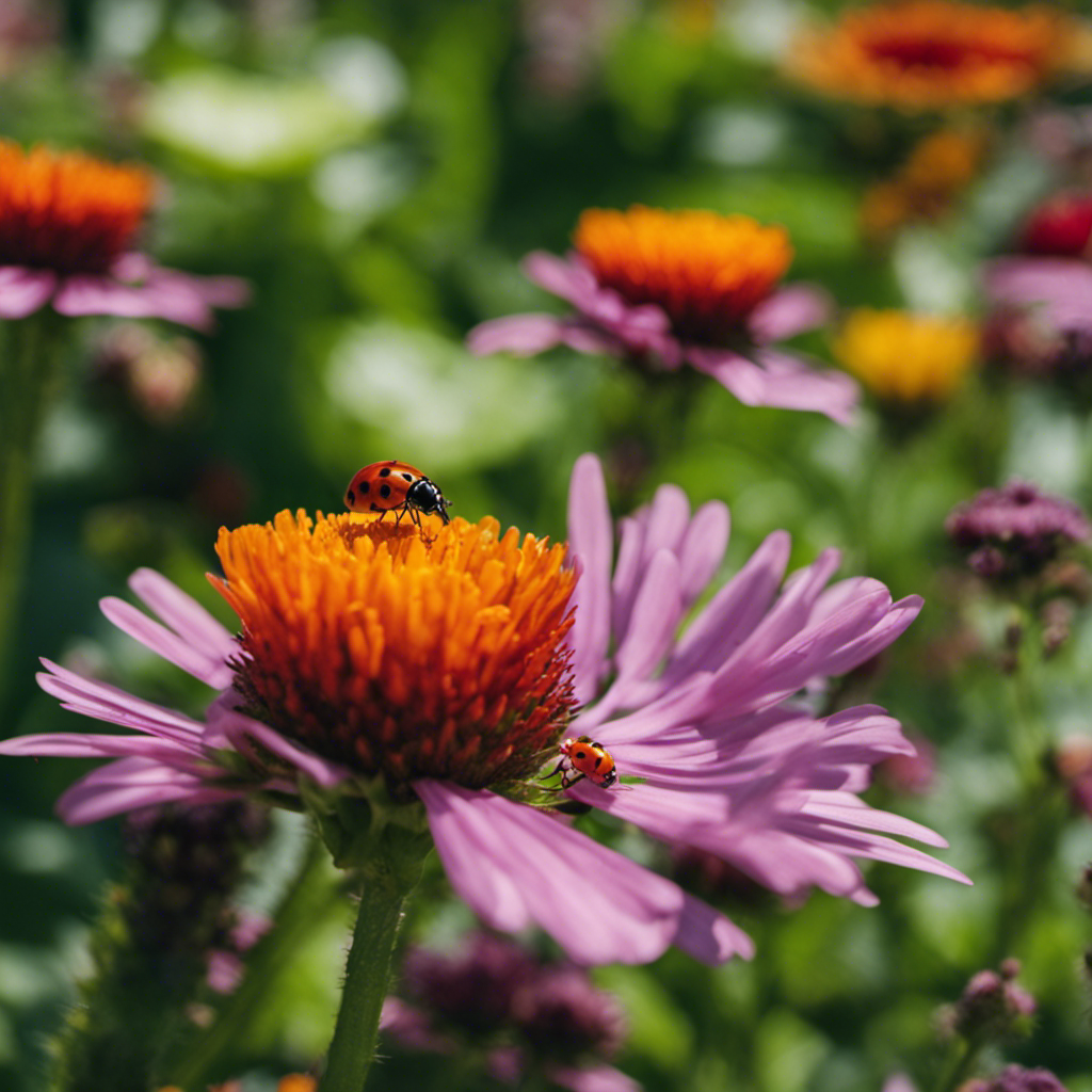 An image showcasing a lush garden with colorful flowers and thriving vegetables, surrounded by beneficial insects like ladybugs and praying mantises