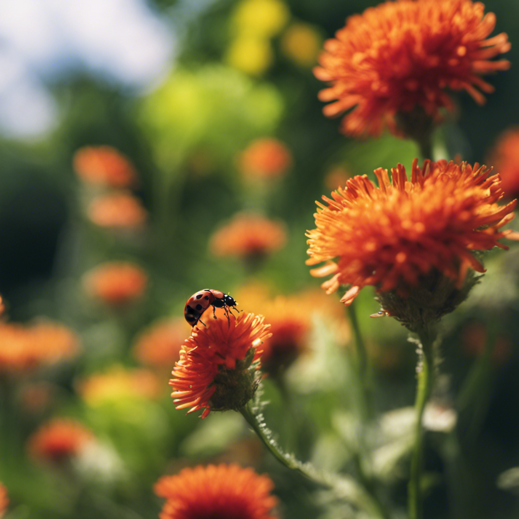 An image showcasing a lush garden with ladybugs delicately perched on vibrant flowers, while lacewings gracefully hover nearby