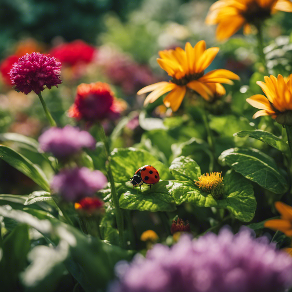 An image depicting a lush garden filled with vibrant flowers and thriving vegetables, surrounded by natural elements such as ladybugs, birds, and strategically placed plants to showcase the effectiveness and beauty of sustainable pest management