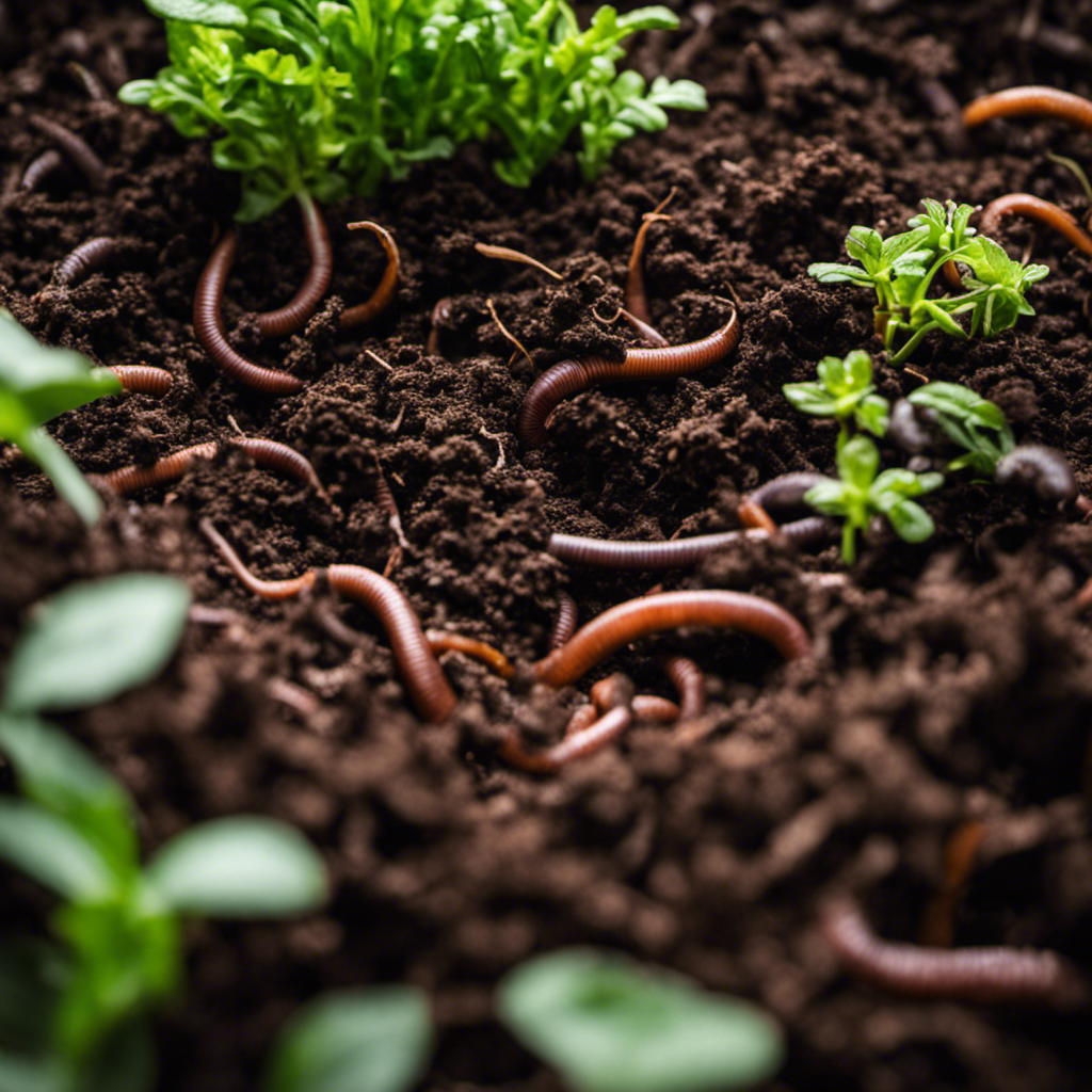 An image depicting a lush garden bed with vibrant, nutrient-rich soil teeming with earthworms