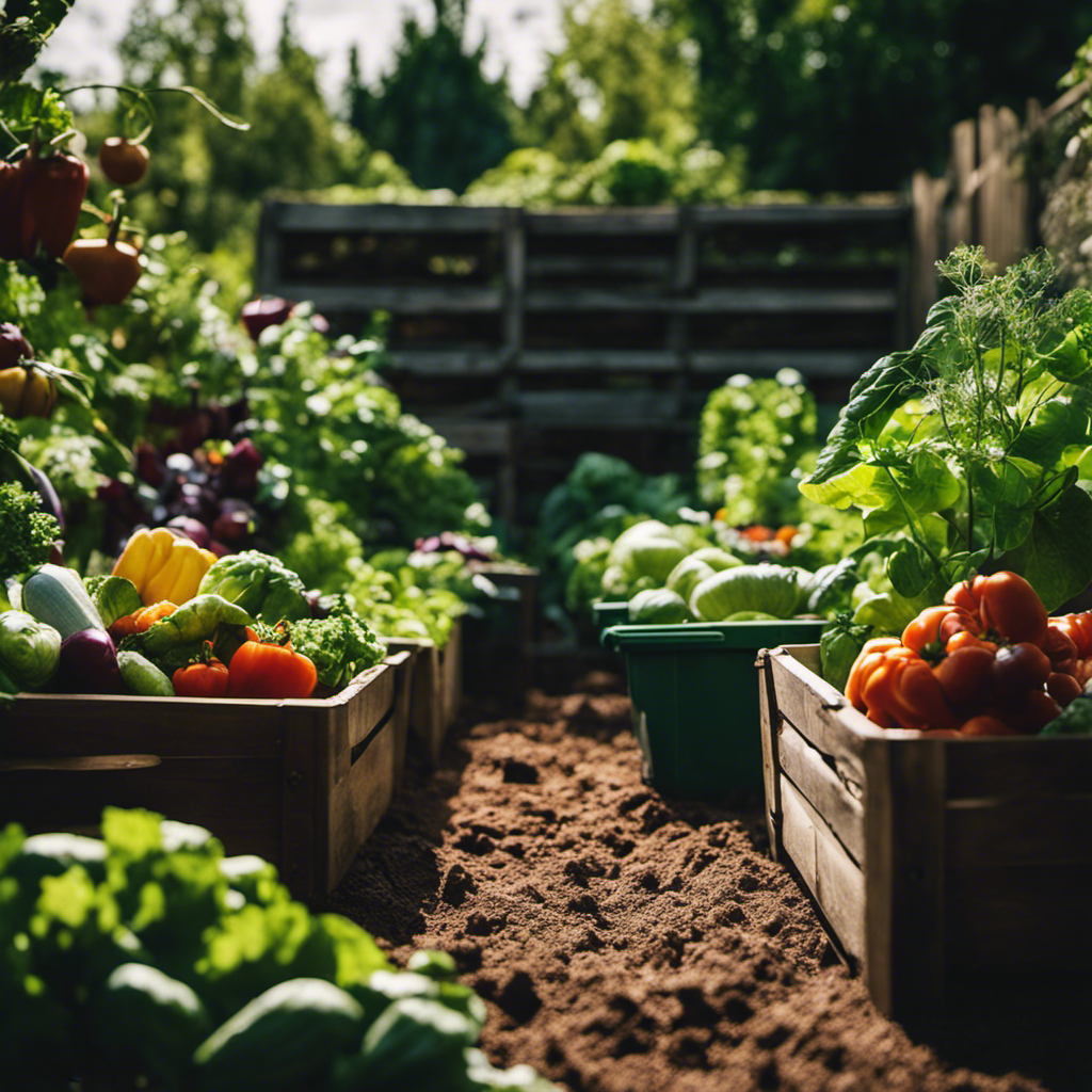 An image depicting a lush garden with healthy organic vegetables, surrounded by compost bins