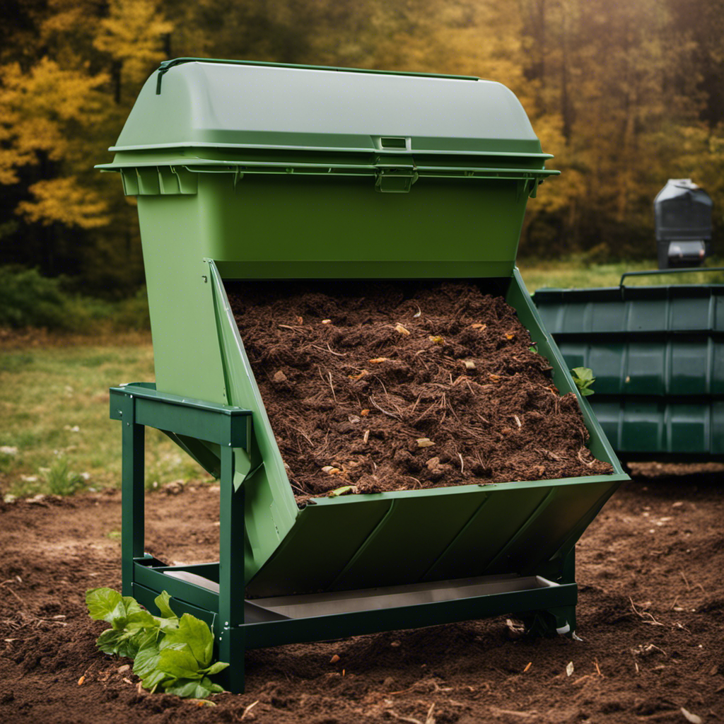 An image showcasing an organized composting setup with a variety of essential components like a compost bin, shredded leaves, kitchen scraps, and a compost turner