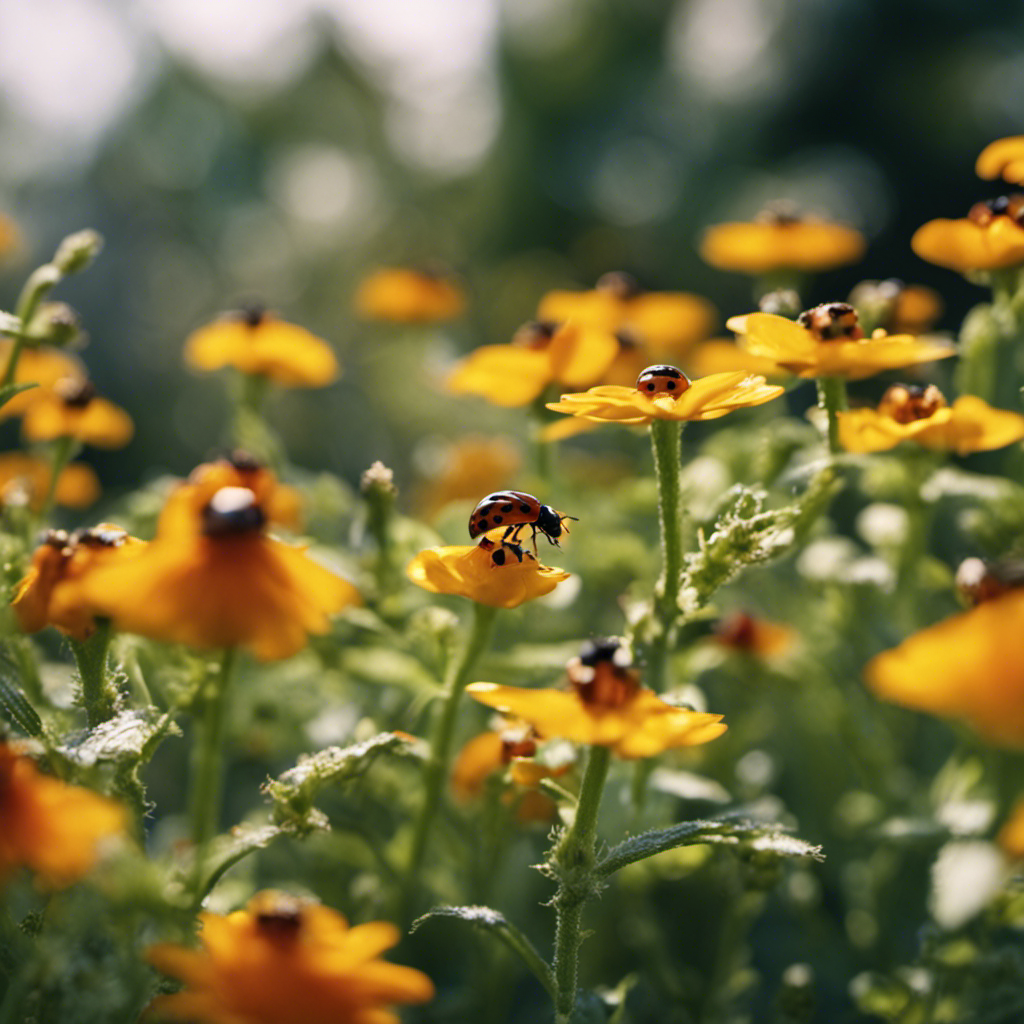 An image that showcases a flourishing vegetable garden, buzzing with life as ladybugs, lacewings, and bees diligently patrol the plants, safeguarding them from harmful pests